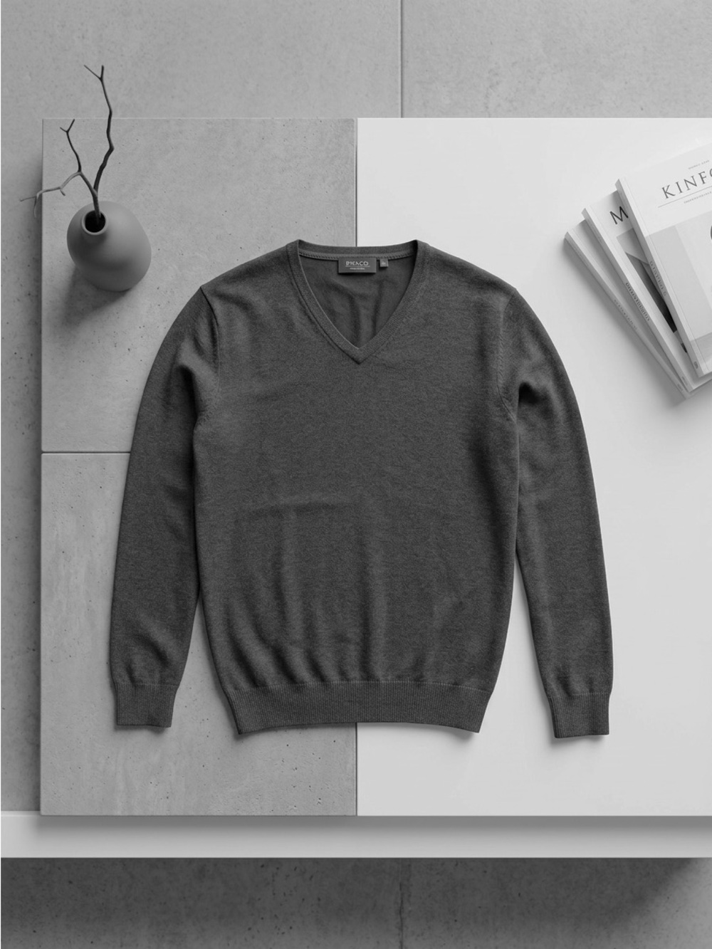 RW & CO. Charcoal Grey Cotton Blend V-Neck Knit Pullover Long Sleeve Sweater LG